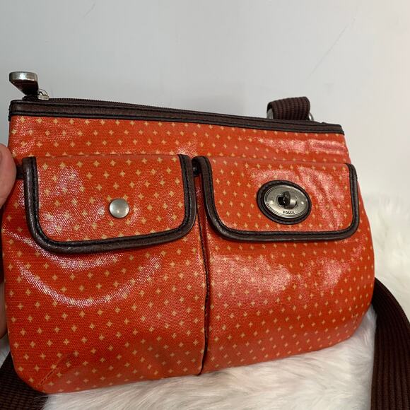 Fossil Waxed Canvas And Leather Orange Key-per Crossbody - Picture 12 of 13